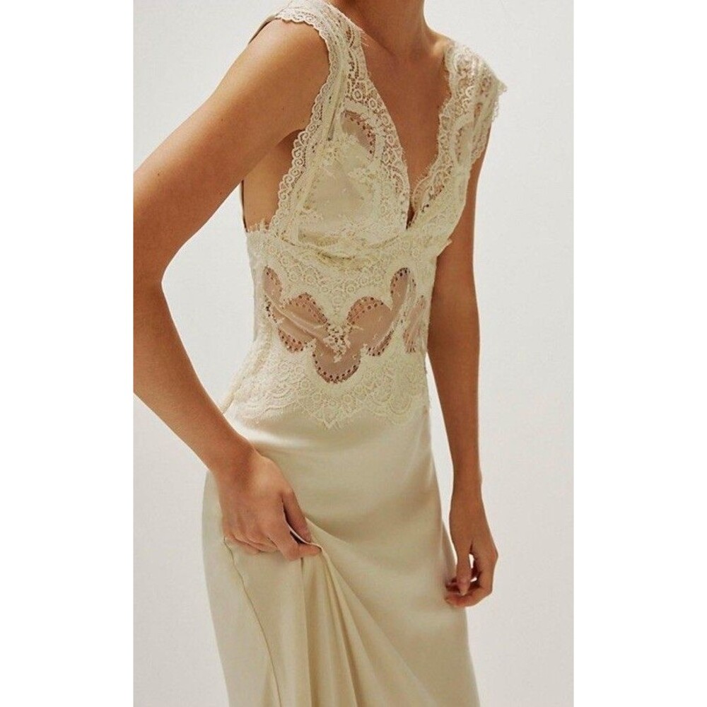 Lace Beige Satin Maxi Dress Size M Slip Gown Event Cocktail Party Sexy Romantic - Picture 3 of 7